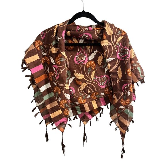 🌸3/$15🌸Vintage Floral & Striped Brown Scarf With Tassels - Picture 1 of 4